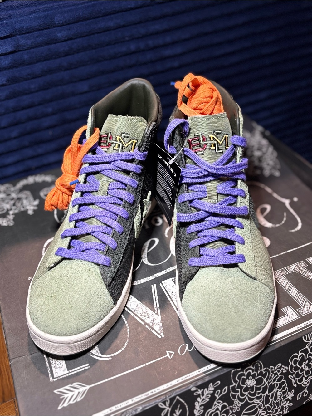 Converse High-Top Sneakers in Sage, Black & Purple with Orange Laces